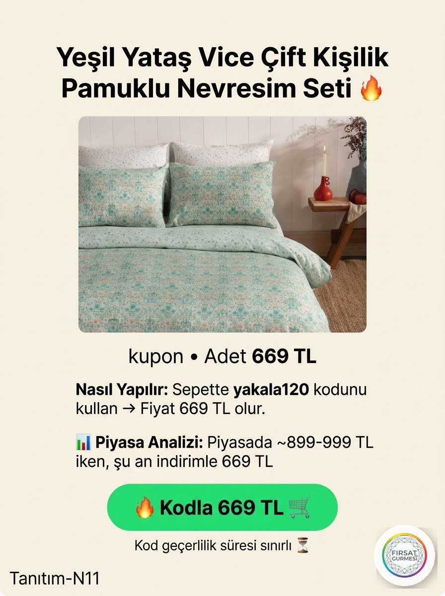 Yeşil Yataş Vice Çift Kişilik Pamuklu Nevresim Seti