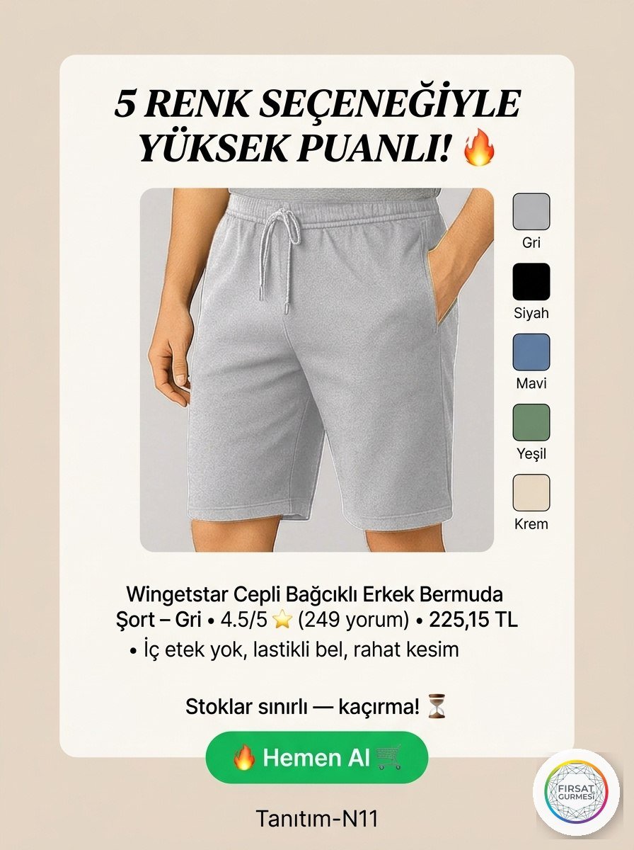 Wingetstar Cepli Bağcıklı Erkek Bermuda Şort Gri