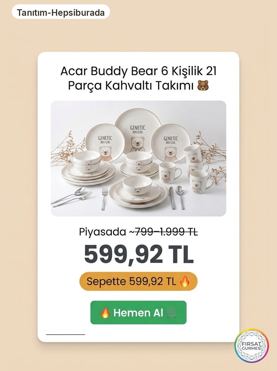 Acar Buddy Bear 6 Kişilik 21 Parça Kahvaltı