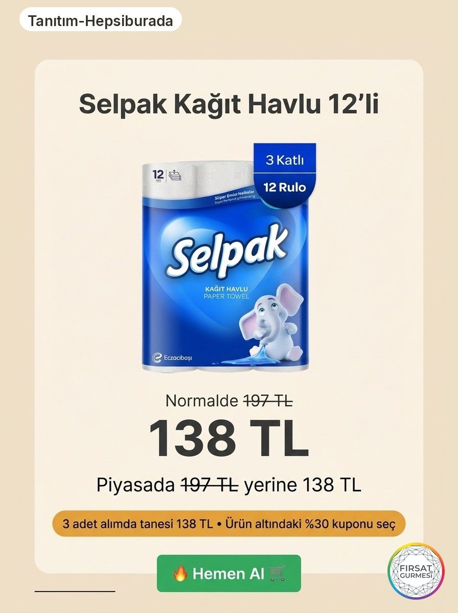 3 Katlı Kağıt Havlu 12'li Selpak 3'lü alımda
