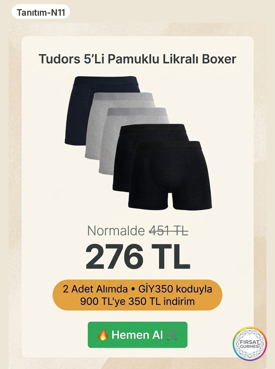 5'li Pamuklu Likralı Boxer 2 Adet Alımda Adet