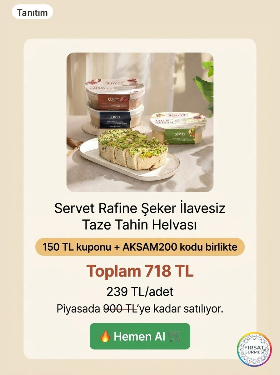 Servet Rafine Şeker İlavesiz Taze Tahin Helvası 3'lü