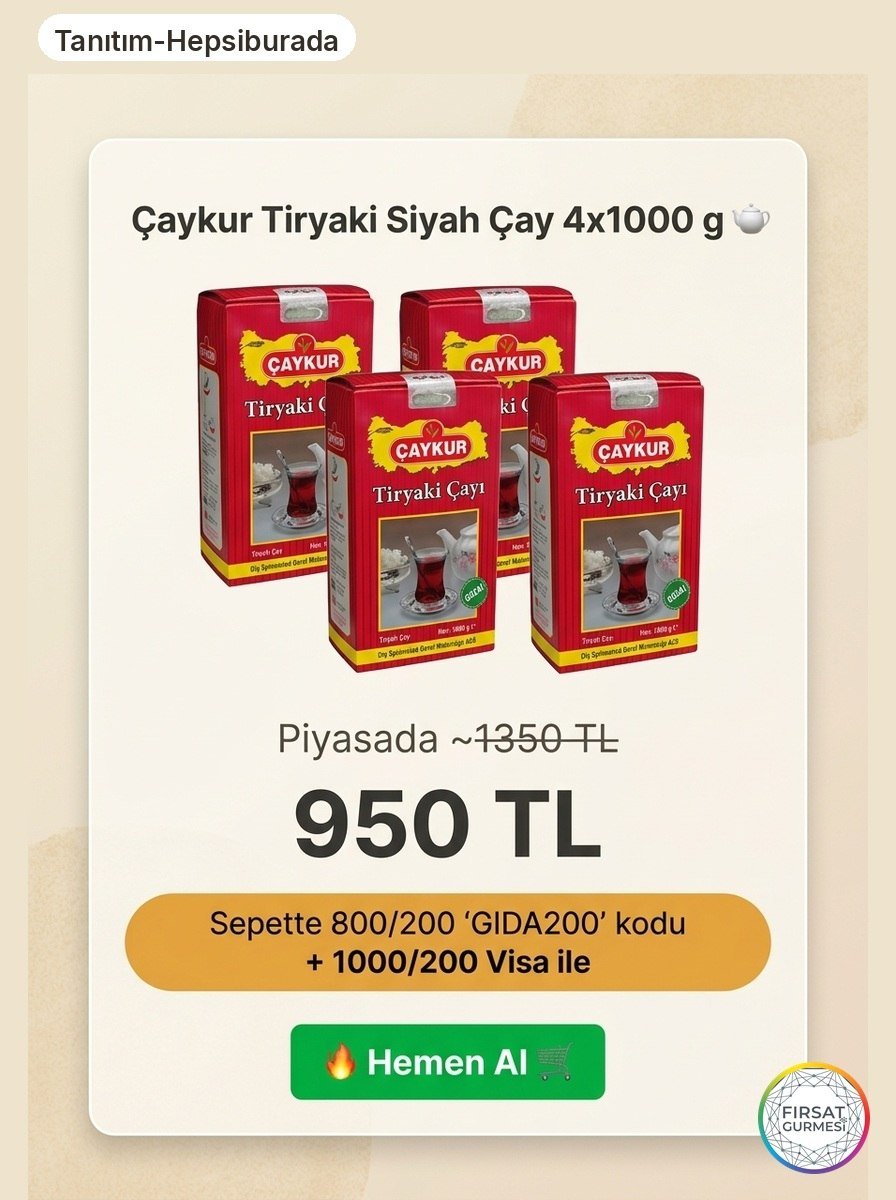 Çaykur Tiryaki Siyah Çay 4x1000 g Sepette İndirim