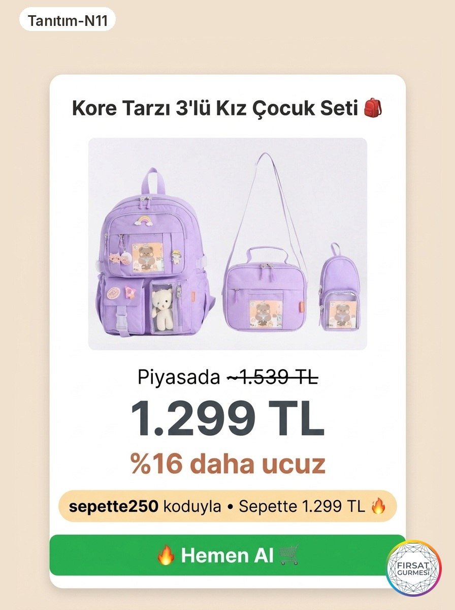Kore Tarzı Aksesuarlı 3'lü Kız Çocuk Okul Seti