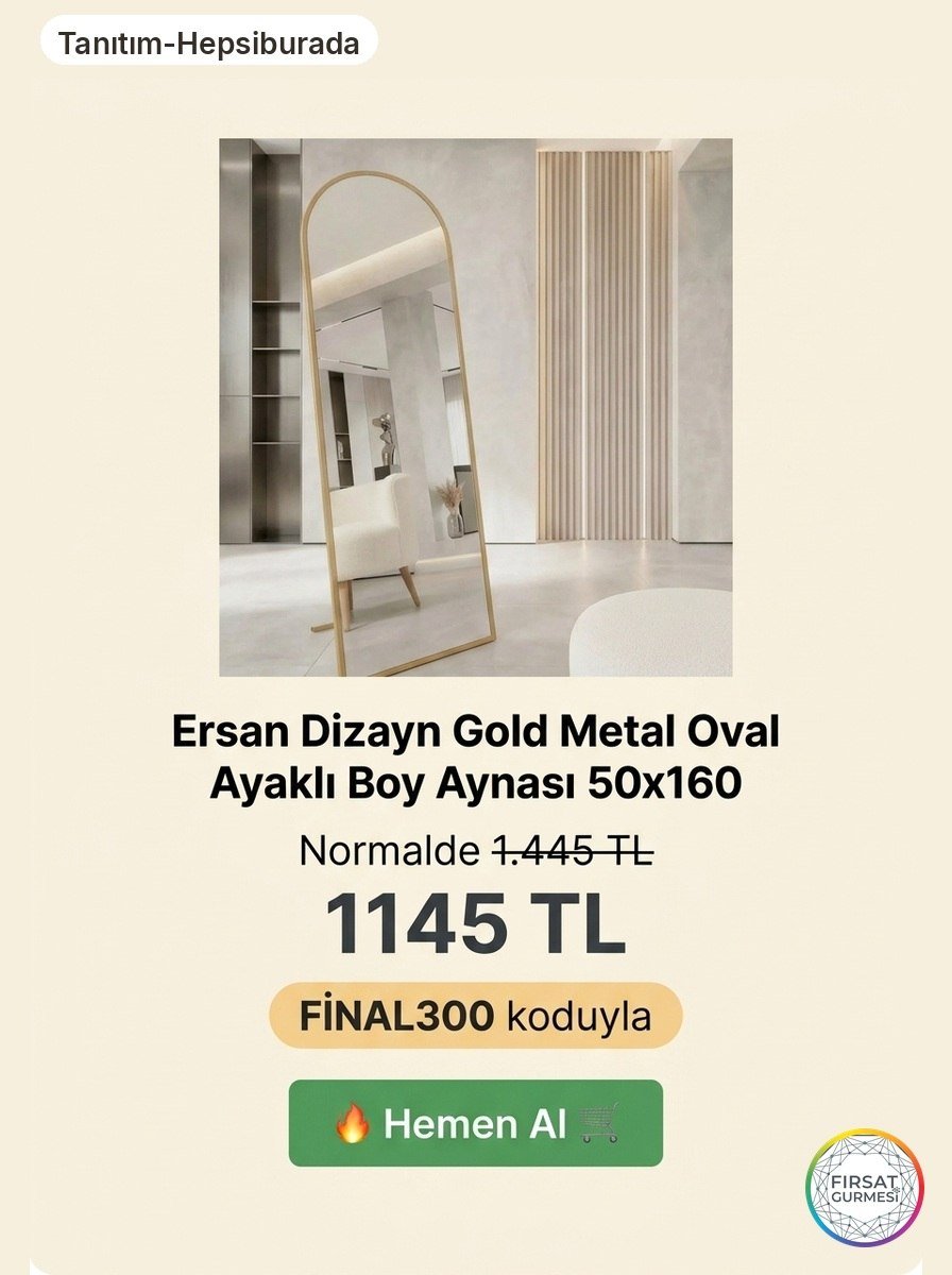 Gold Metal Çerçeve Oval Ayaklı Boy Aynası 50x160