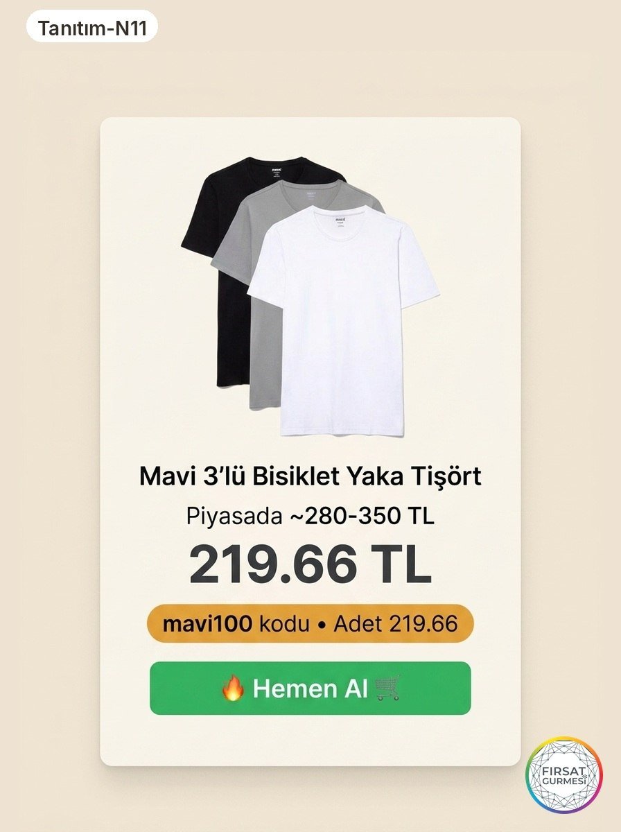 3'lü Bisiklet Yaka Basic Tişört mavi100 koduyla