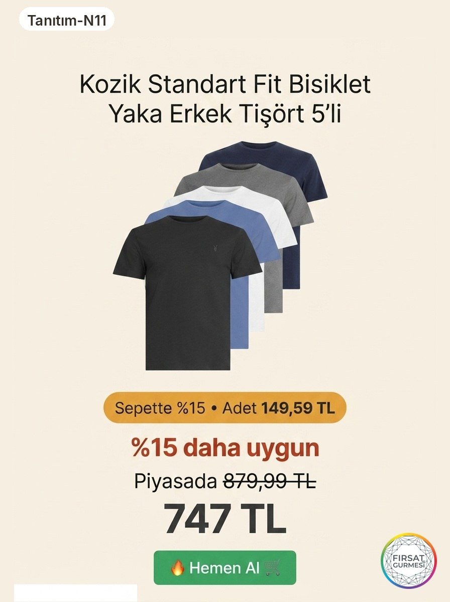 Kozik Standart Fit Bisiklet Yaka Erkek Tişört 5'li