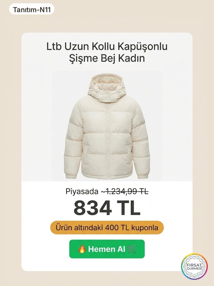 Ltb Uzun Kollu Kapüşonlu Şişme Bej Kadın Ceket