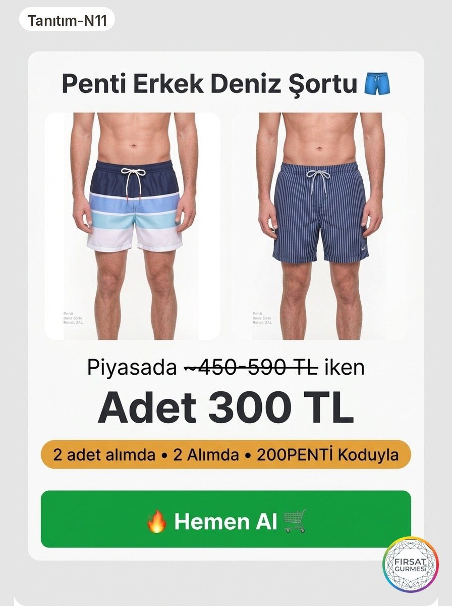 Penti erkek deniz şortlarında çok avantajlı bir ikili