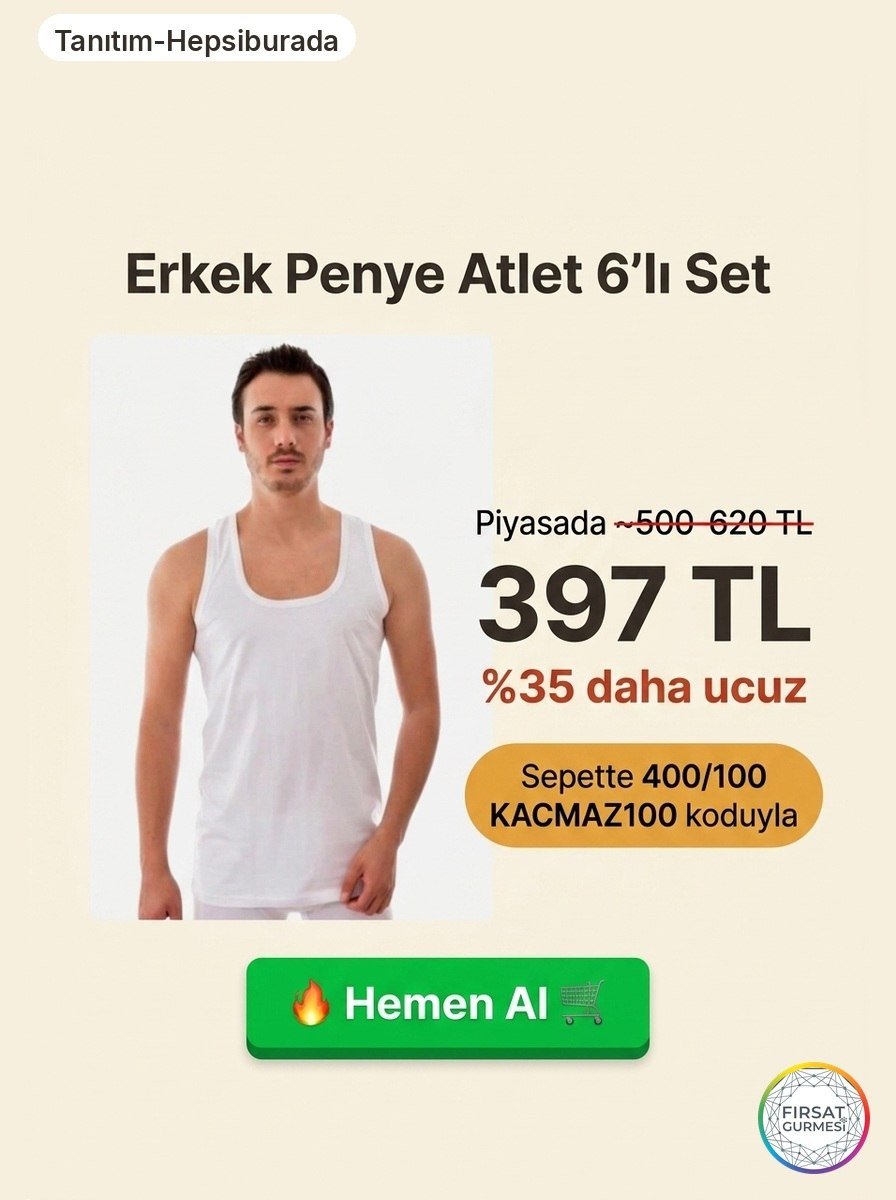Erkek Penye Atlet 6'lı Set Sadece 397