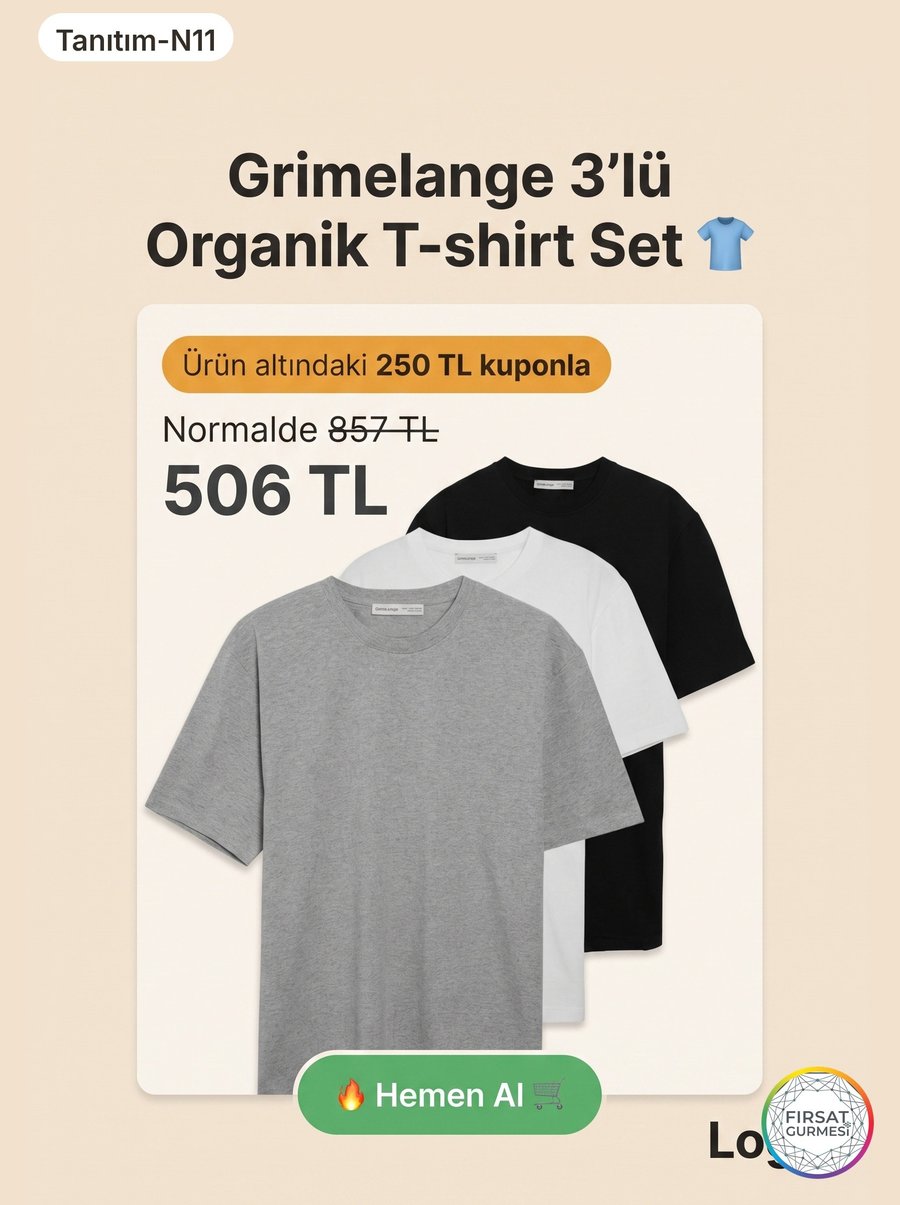 Grımelange Organik Pamuk 3'lü T-shirt Seti