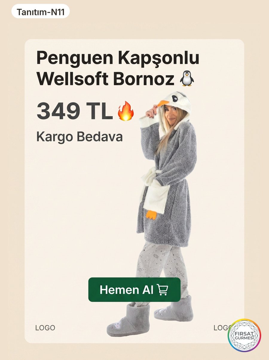 Penguen Kapşonlu Wellsoft Bornoz