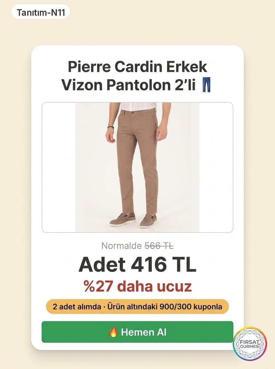 Vizon rengi kanvas-chino pantolon, 2 adet alımda