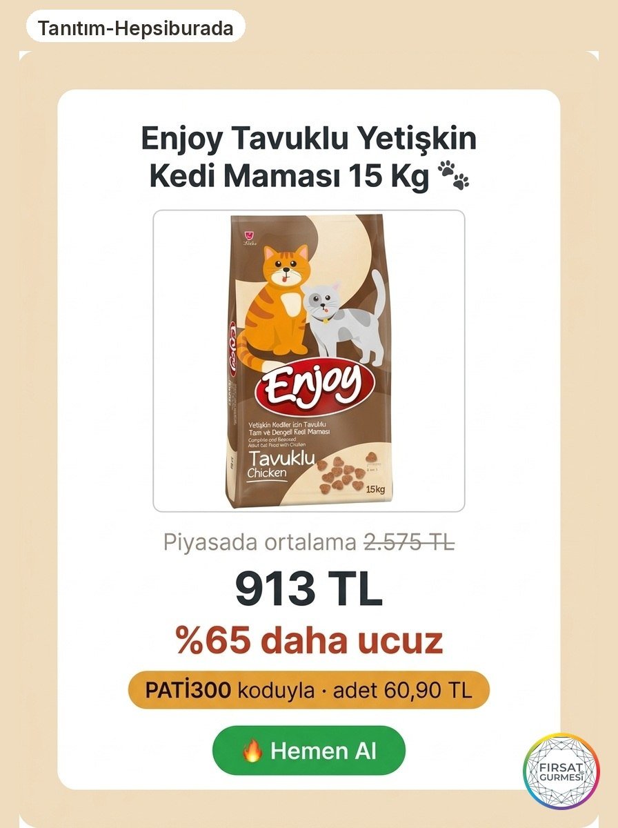 Enjoy markasının tavuklu yetişkin kedi maması, 15 kg'lık