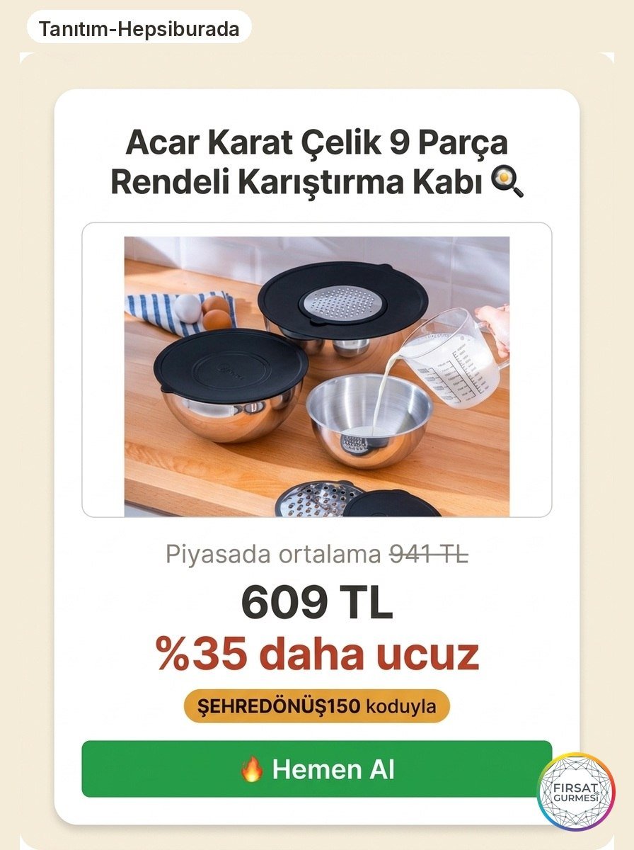 Acar Karat Çelik'in 9 parça rendeli karıştırma kabı