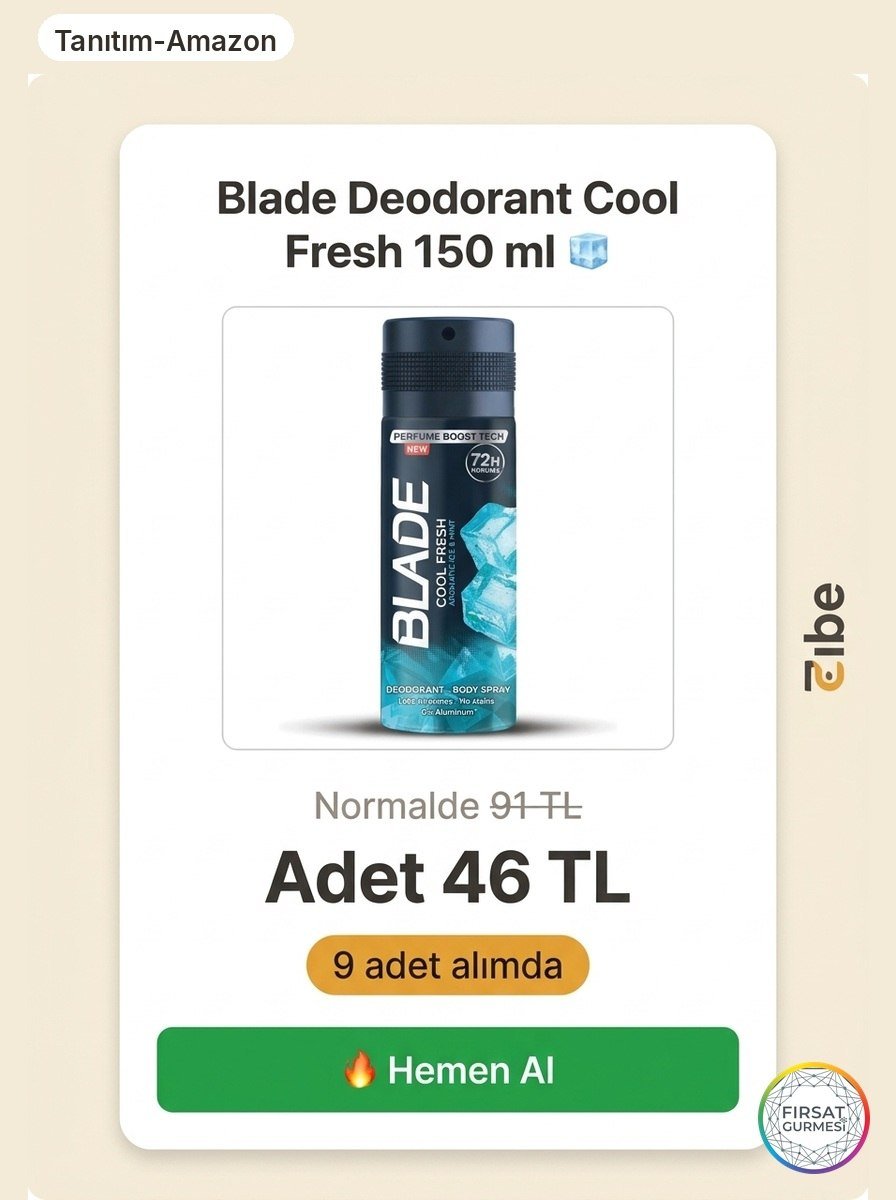 Blade Deodorant Cool Fresh, 150 ml'lik şişesiyle serin