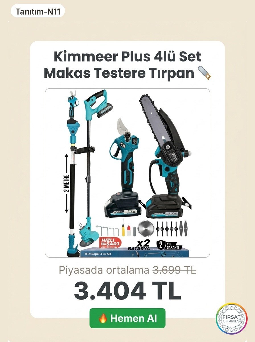 Kimmeer Plus 4lü set, makas, testere, şarjlı tırpan