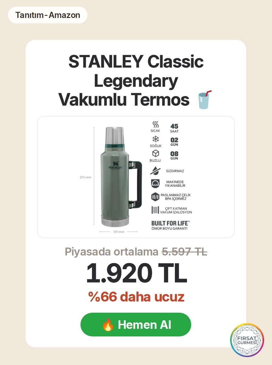 1.9 litre kapasiteli paslanmaz çelik termos, uzun süre