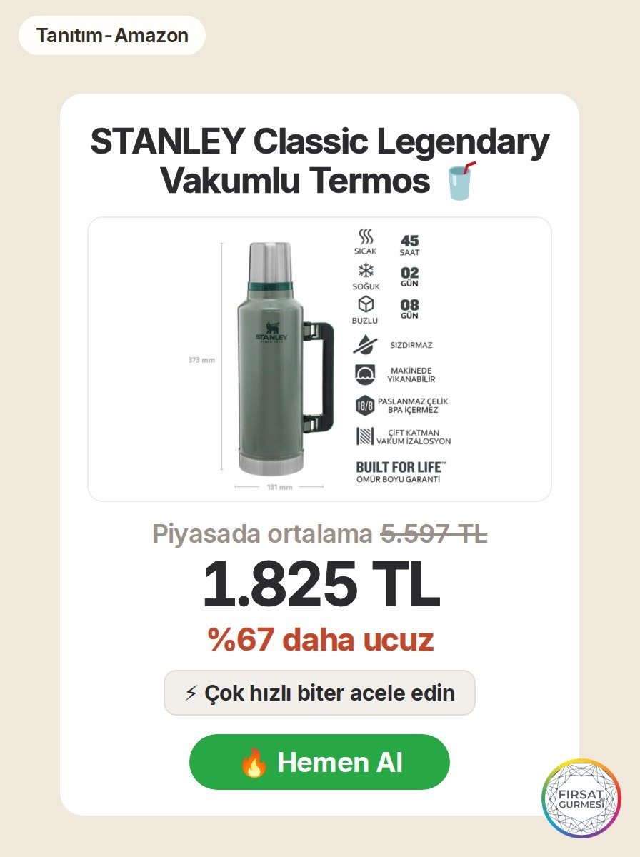 1.9 litre kapasiteli paslanmaz çelik termos, uzun süre