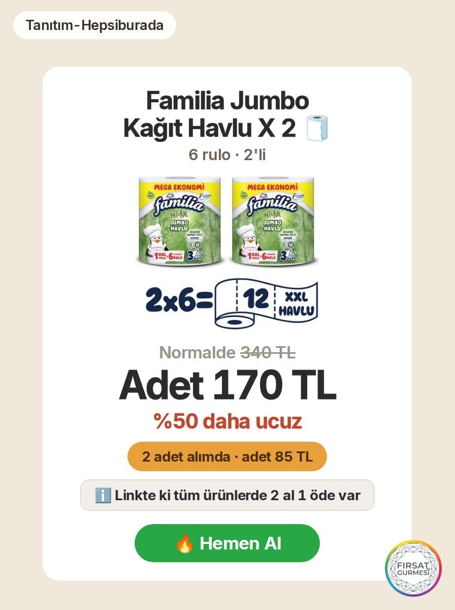 Hepsiburada'da Familia Jumbo Kağıt Havlu, 2 adet alımda