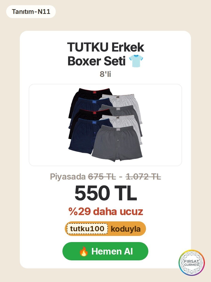 TUTKU markasının erkek boxer seti, n11'de özel fırsatla