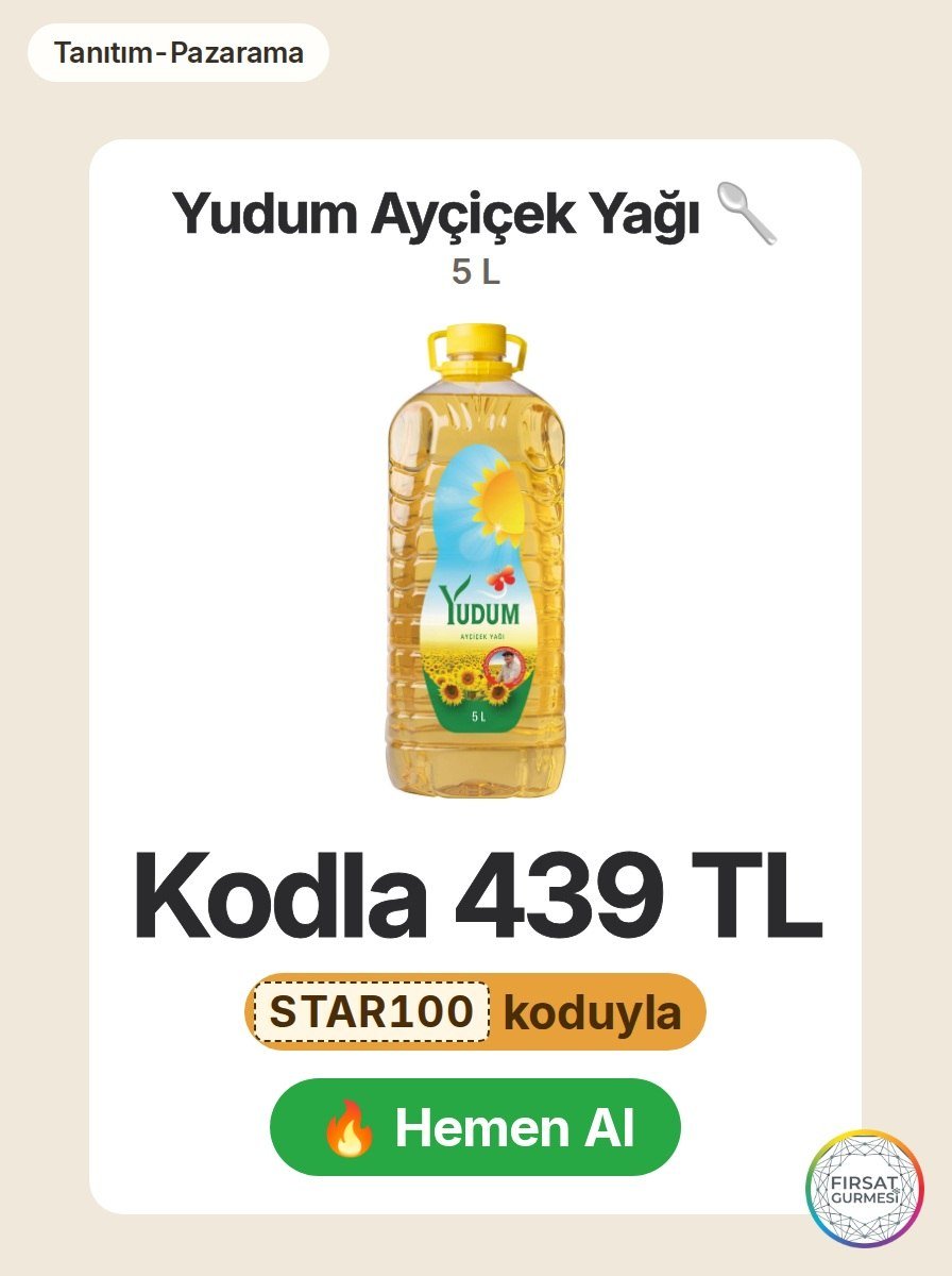 Pazarama'da Yudum Ayçiçek Yağı 5 litrelik şişesi, kodla