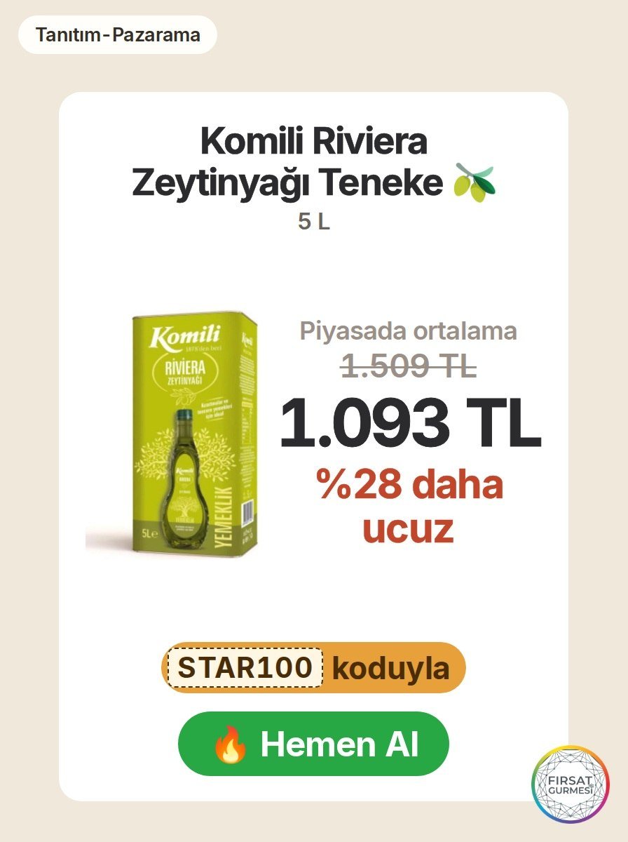 Komili Riviera Zeytinyağı 5 litre teneke paketinde fırsat