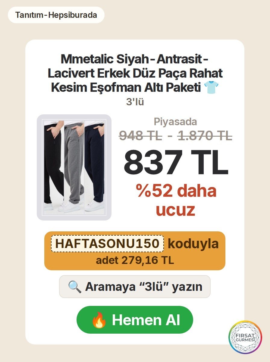 Rahat kesim, üçlü paketle gelen bu eşofman altı