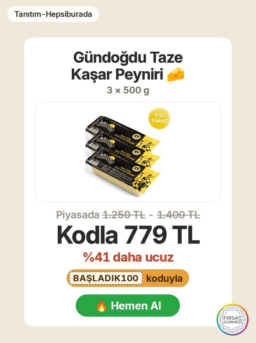 Hepsiburada'da Gündoğdu'nun taze kaşar peyniri 3'lü
