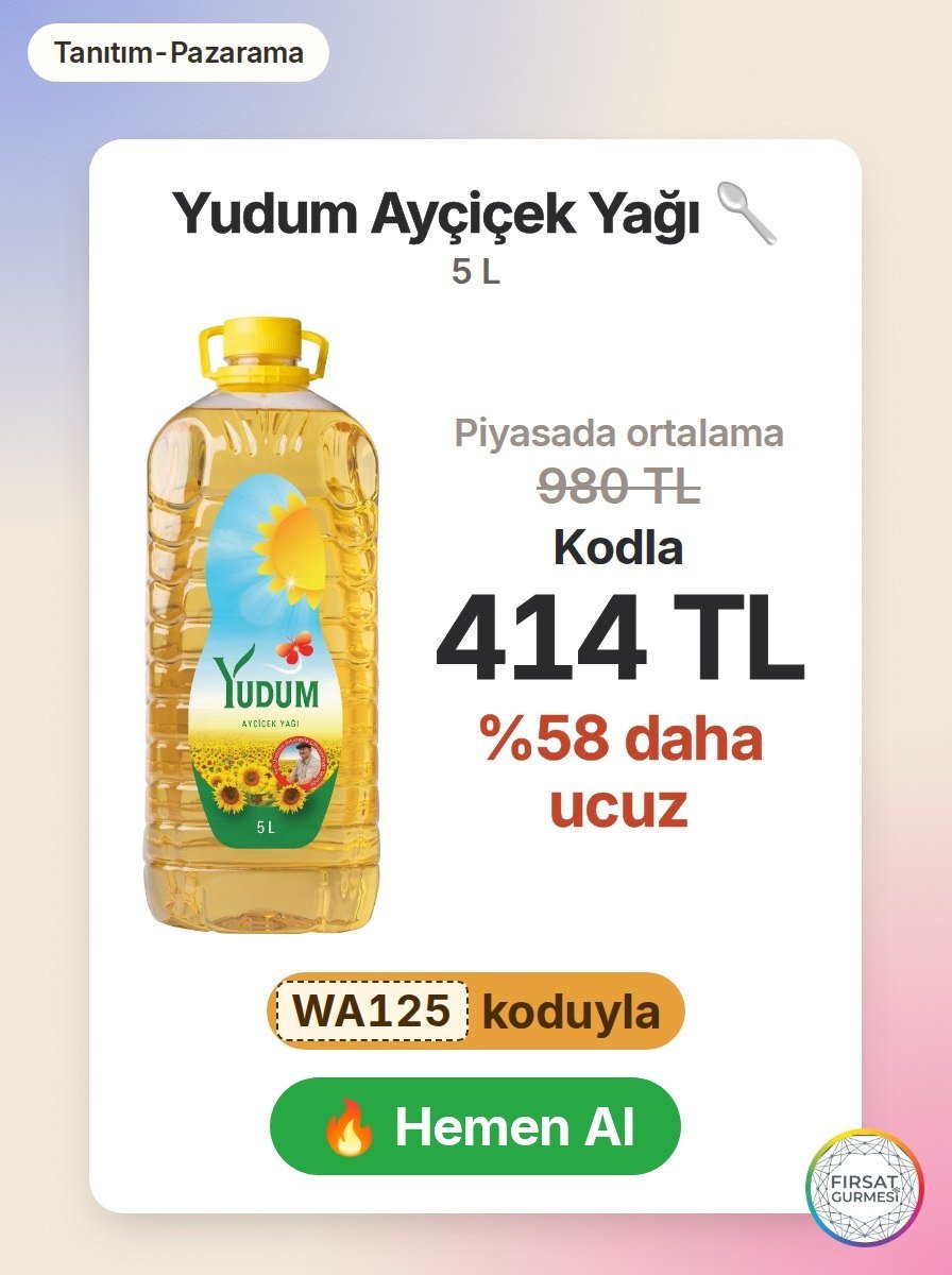 Pazarama'da Yudum Ayçiçek Yağı 5 litrelik şişesi, özel