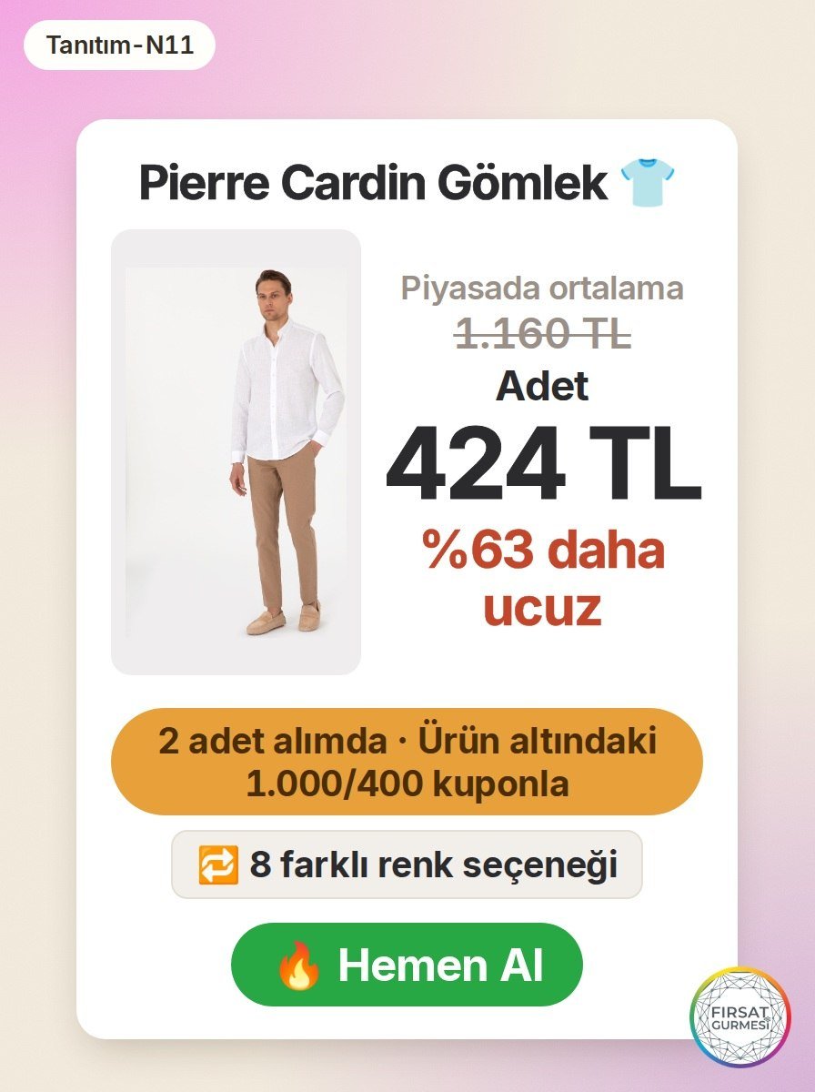n11'de Pierre Cardin gömleği 2 adet alımda