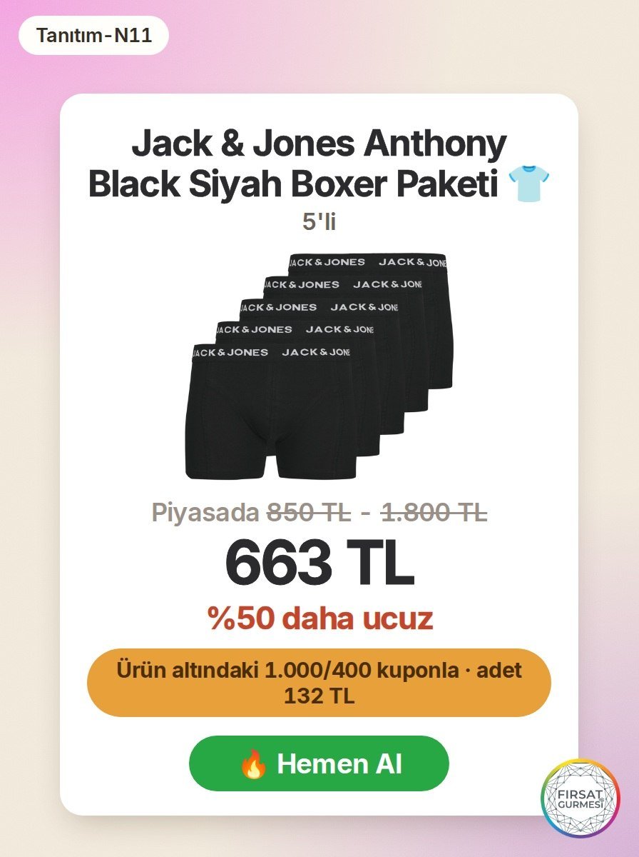 Jack & Jones markasının erkek boxersinden 5'li paket