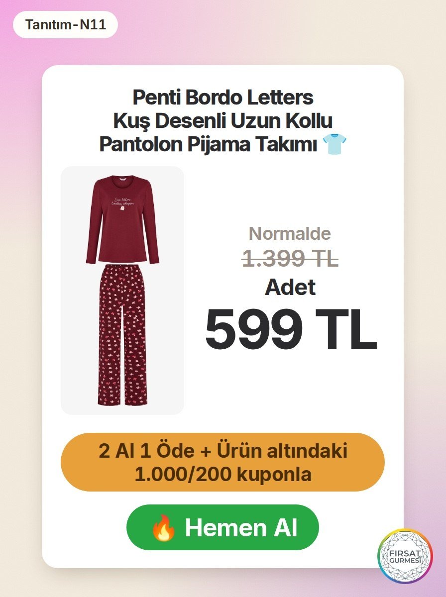 Penti Bordo Letters Kuş Desenli Uzun Kollu Pantolon
