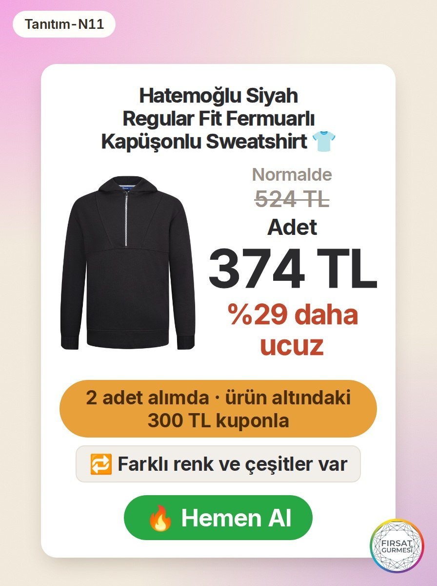 Hatemoğlu Siyah Regular Fit Fermuarlı Kapüşonlu Sweatshirt