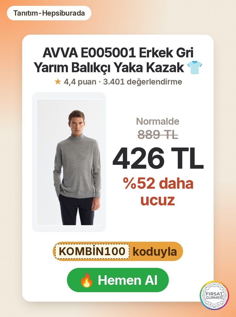 AVVA E005001 Erkek Gri Yarım Balıkçı Yaka Kazak